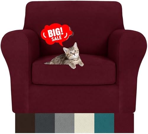 MAXIJIN 2 Piece Chair Covers Chair Slipcover with Arms, Sofa Chair Cover for Living Room Armchair Cover, Stretch Pet Dog Slip Cover for A Chair with 1 Cushion (31"-46", Wine Red)