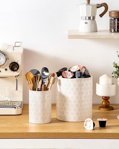 MALACASA LYDIA Ceramic Utensil Holder, 7.3"+5.5" Kitchen Utensil Crock Set for Countertop, Large & Small Utensil Organizers for Cooking Tools, Five-Leaf Grass Pattern