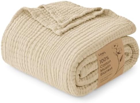 Love's cabin 100% Cotton Muslin Blanket Large Throw for Couch, Khaki