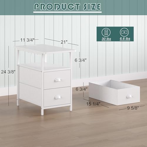 sthmec End Table with Charging Station, Narrow Side Table with 2 Drawers, Nightstands with Drawers, USB Ports & Power Oulets,Slim Sofa Side Tables for Small Spaces,Living Room,Bedroom, White