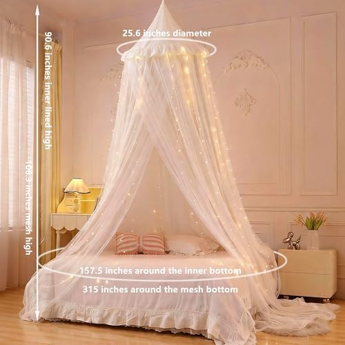 Princess Bed Canopy for Girls, Double Layer Canopy Fits Twin/Full Bed - Fairy Bed Tent for Kids Room Decor(with 250pcs Warm White Curtain Lights,White)