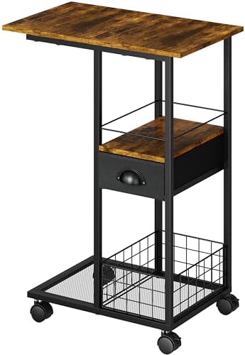 C Shaped Sofa Side Table with Wheels, Rolling Small Coffee Table with Drawer, Portable TV Tray Table for Couch, Bedside Table with Storage, Narrow Nightstand for Bedroom, End Tables Living Room