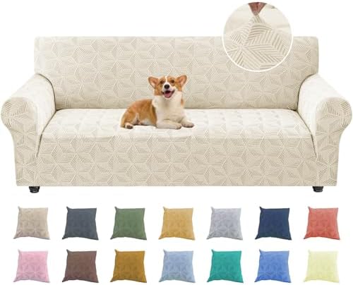 YEMYHOM 1 Piece Stretch Couch Covers for 3 Cushion Couch, Jacquard Sofa Cover with Non-Slip Elastic Bottom, Thickened Slipcover Furniture Protector for Dogs Pets (Large, Beige）