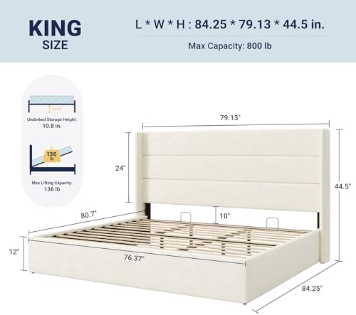 Allewie King Size Chenille Lift Up Hydraulic Storage Bed Frame Cream White