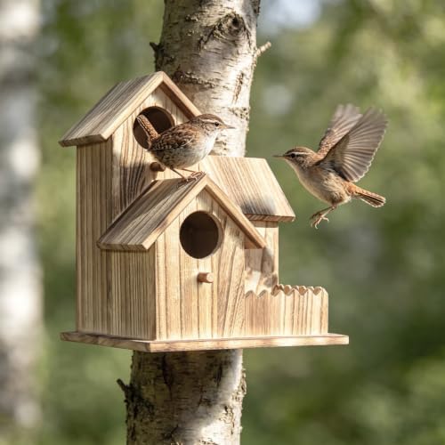 Large Wooden Bird House for Outside, 3-Hole Birdhouse, Outdoor Bird Nesting Box for Bluebird Chickadee Finch Wren, Perfect for Garden Courtyard Decoration