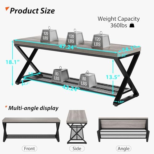 LVB Grey Entryway Bench with Storage, 47” Indoor Shoe Bench with Seating, Modern Storage Benchs for Hallway Foyer Entrance, Wood and Metal Entry Way Shoe Rack Bench for Living Room, Light Grey Oak