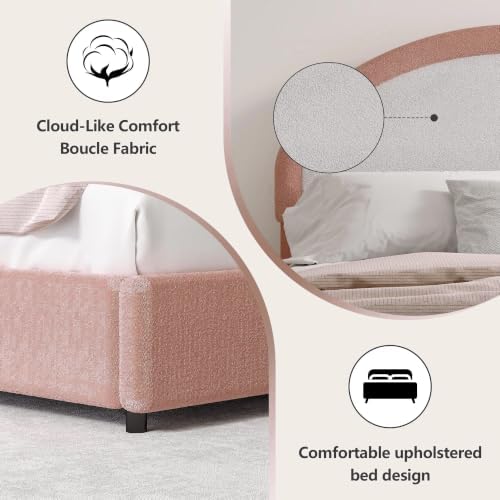 REVOMINCA Upholstered Platform Bed Frame, Boucle Queen Bed Frame with Headboard, White Bed Frame, Soft Rounded Corners, No Box Spring Required, Easy Assembly, Dusty Rose&White