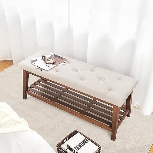kinkinmars Entryway Bench with Shoe Rack, 42.5" Bedroom Bench, Beige