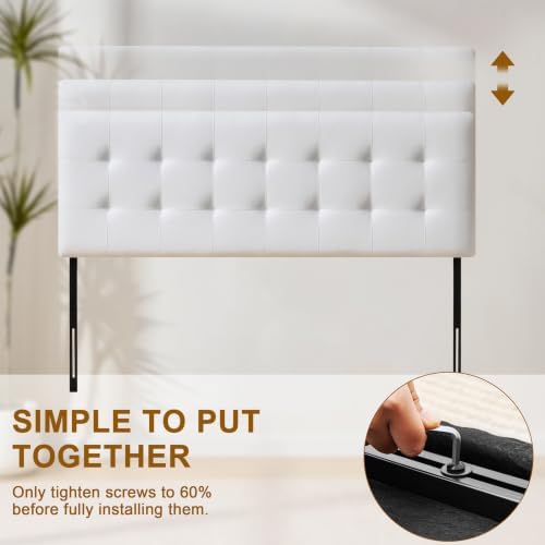 Linen Stitched Tufted Queen Headboard, Adjustable Height 37.2-46 in, White