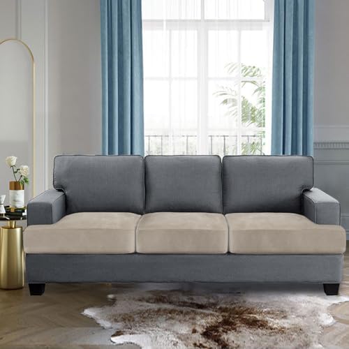 H.VERSAILTEX Stretch Velvet 3 Piece T Cushion Sofa Slipcovers for Living Room Individually Sofa Covers for 3 Seat Cushion Covers Stay with Elastic Bands (Sofa, French Oak)