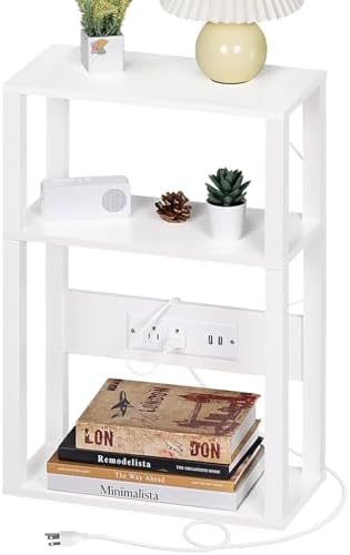 YUFAM 3-Tier Narrow Bedside Table with Charging Station, Skinny Nightstand