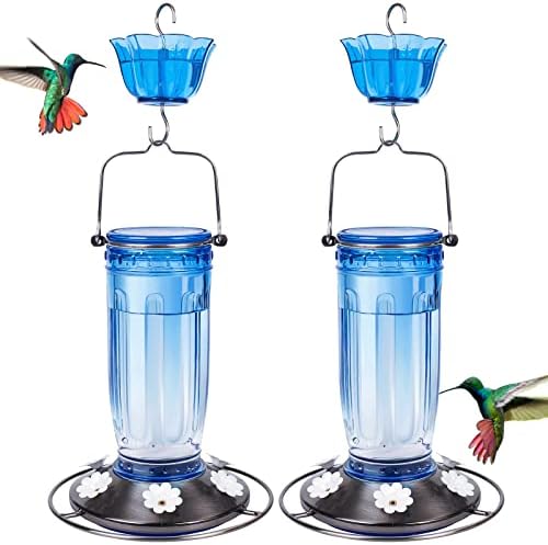 Kingsyard 2 Pack Glass Hummingbird Feeder for Outdoors, 16 Oz Wild Bird Feeder with 6 Feeding Ports Hanging for Garden Yard, Blue (Ant Moat Included)