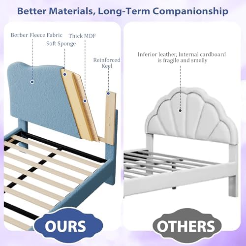 Garvee Upholstered Twin XL Size Bed Frame for Kids with Scallop Headboard, Cute Velvet Twin XL Bed for Girls, Boys, Sturdy Platform Bed, No Box Spring Needed, Wooden Slats, Noise Free, Blue