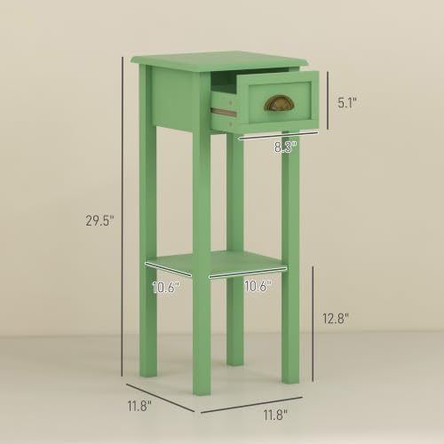 HOMCOM Narrow End Table with Drawer and Bottom Shelf Set of 1 Green