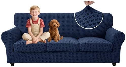 MAXIJIN 4 Pieces Stretch Couch Covers for 3 Cushion Sofa Pet Friendly Couch Cover for Dogs Washable Sofa Slipcovers Thick Soft Furniture Protector with Non Slip Strap (Navy Blue, 71"-91")