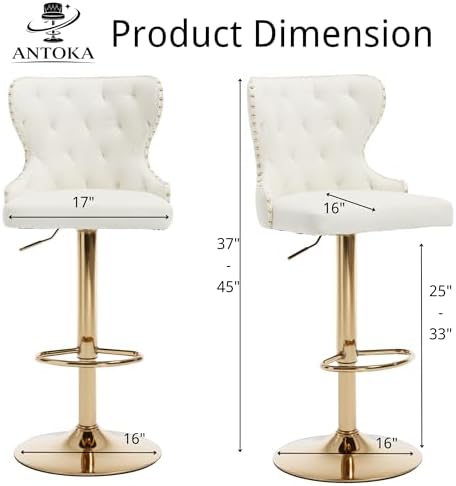 Set of 2 Adjustable Swivel Bar Stools,Faux Leather Upholstered Counter Height Chairs with Nailhead Trim, Gold Footrest, and High Back for Kitchen Island, Home Bar, Dining Room, Cafe,White