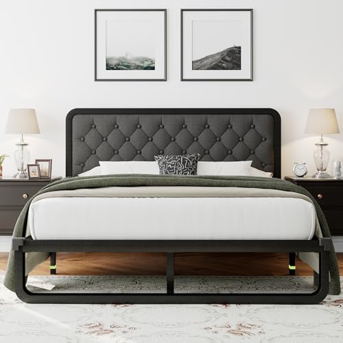 Einhomn Queen Size Bed Frame with Linen Tufted Headboard, Heavy Duty Metal Platform Bed Frame with U-Shaped Foundation, 12" Underbed Space, Noise Free, No Box Spring Needed, Easy Assembly, Dark Grey