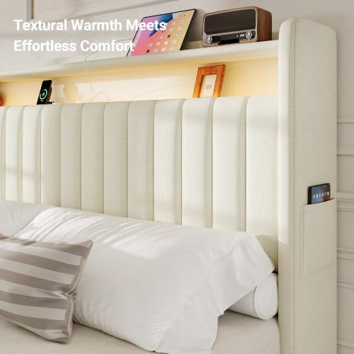 S.E.C.D Upholstered King Size Headboard Only, 2-Tier Storage, Beige