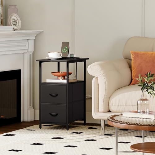 Somdot Narrow End Table with Charging Station, 2 Drawers, Slim Side Table