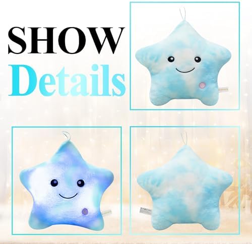 LED Night Light Star Pillow for Kids Throw Pillow Home Decor Couch Bedroom Office, Cute Stuffed Animals for Girls Plushies Boys Children Toys Daughter Doll Christmas Birthday Gifts White Blue