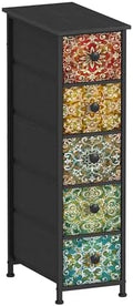 GiftGo Retro Skinny Dresser with Fabric Drawers Thin Slim Boho Mandala Flower Chest of Drawers Narrow Storage Tower for Small Spaces Gaps Bedroom Beautiful Nightstand Living Room Table