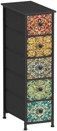 GiftGo Retro Skinny Dresser with Fabric Drawers Thin Slim Boho Mandala Flower Chest of Drawers Narrow Storage Tower for Small Spaces Gaps Bedroom Beautiful Nightstand Living Room Table