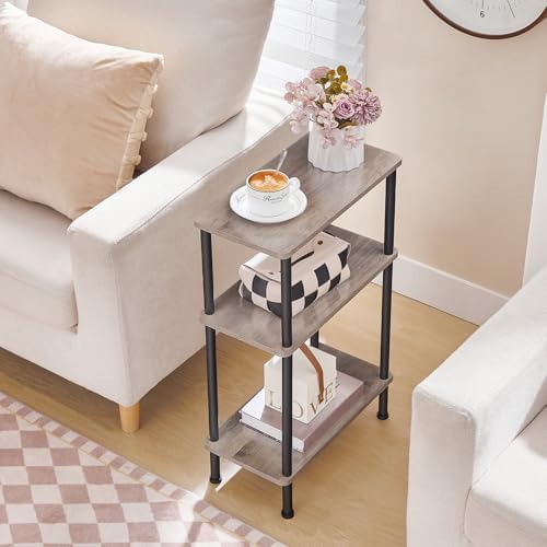 HOOBRO Narrow Side Table, 3-Tier Slim End Table No Tools Needed, Twist-On Assembly, Skinny Nightstand Sofa Storage Shelf for Living Room, Bedroom, Study, Greige and Black BG246BZ01