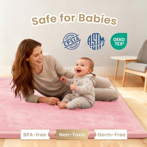 ACOMOPACK Baby Play Mat for Floor 1.3" Thick Memory Foam Play Mat 79"×118" Tummy Time Crawling with Non-slip Bottom for Living Room,Nursery,Soft Velvet Playpen Mats for Kids,Infants（Pink）