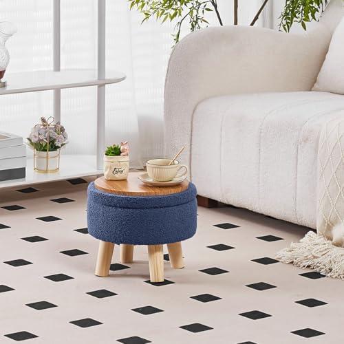 Wimarsbon Storage Ottoman, Modern Round Footrest with Soft Padded Seat, Teddy Velvet Footstool with Wood Legs, Accent Small Table or Plant Stand for Hallway, Living Room (Grey-Blue)