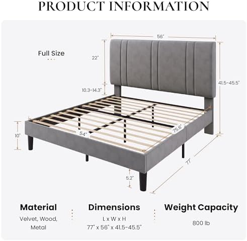 SHA CERLIN Full Size Velvet Bed Frame with Adjustable Headboard, Grey