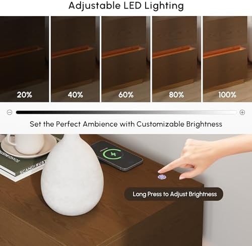 homary Smart Nightstand Set of 2 with Wireless Charging Station, USB & Type-C Ports, LED Light, 2 Drawers – Modern Walnut Bedside Table for Bedroom Storage