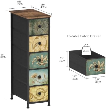 Tohomeor Narrow Storage Dresser Slim Dresser with Retro Flowers Fabric Drawers Vertical Skinny Cabinet for Small Spaces,Bathroom,Bedroom Closet Nightstand,Entryway Organizer (Retro Flower, 5 Drawers)