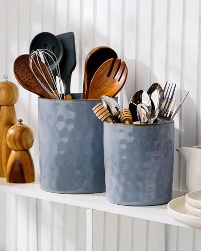 famiware Ceramic Utensil Holder, 7.2"+5.8", Set of 2, Blue
