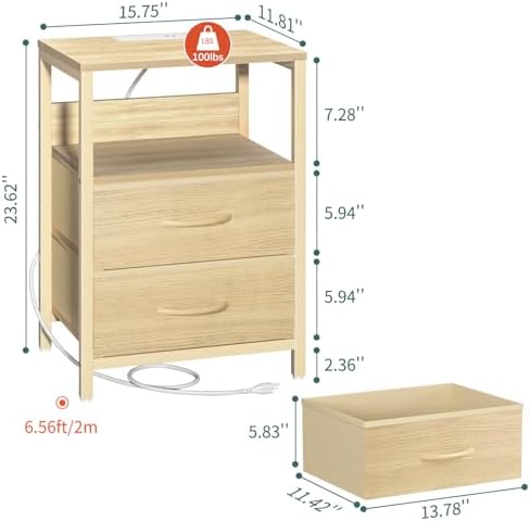 Yoobure Nightstand with Charging Station, Small Night Stand with Fabric Drawers and Storage Shelf for Bedrooms, Nightstands for Small Spaces, Bedside Table with USB Ports & Outlets, Bed Side Table