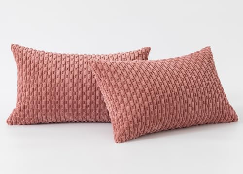 Kevin Textile Soft Corduroy 12"x20" Lumbar Pillow Covers 2 Pack, Blush Pink