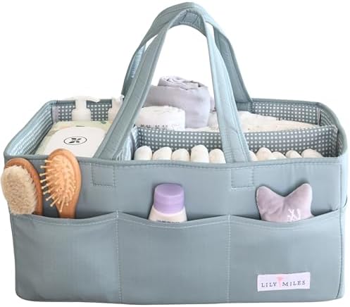Baby Diaper Caddy Organizer, Wipeable Diaper Organizer Basket with 8 Pockets for Newborn Essentials, Nursery Tote Bag for Changing Table & Car Organization (Willow Green, Large)