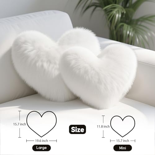 White Heart Pillow, Faux Fox Fur Heart Decorative Pillows, Heart Shaped Throw Pillow for Bed, Soft Fluffy Decorative Cushion for Chair Sofa Living Room - Plush Pillow Home Decor