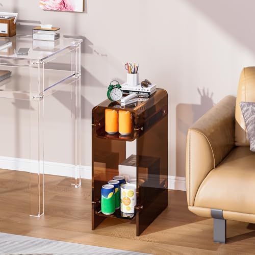 Clear Acrylic Side Table, Narrow Nightstand Bedside Table for Bedroom, Skinny Small End Table (Dark Brown, 8.7'' x 15.7'' x 21.7")