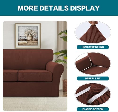 Turquoize 3 Piece Sofa Covers For 2 Cushion Couch Sofa Slipcover Soft Couch Cover For Dogs-Washable Sofa Furniture Cover With 2 Individual Cushion Covers, Thick Jacquard Fabric (Loveseat, Burnt Brick)