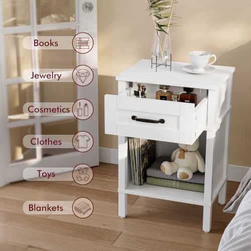 White Farmhouse Nightstand with Drawer, Small Wooden Bedside Table, White Marden End Table, Bedroom Side Table with Storage, Wooden Night Stand LET512WW