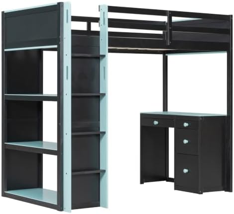 LUMISOL Twin Gaming Loft Bed with Desk and Storage Shelves, Solid Wood Loft Bed with Drawers and Computer Desk for Teens, Space Saving High Loft Bed Frame for Kids Bedroom Blue