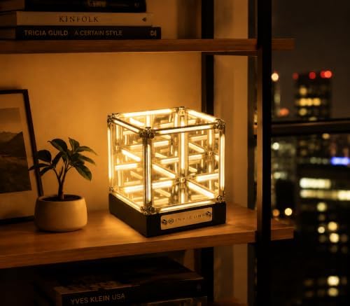 Infinity Mirror Cube Lamp with Display Case, Warm White 2700K | Tesseract Abyss Light, USB-C Rechargeable, Touch Dimmable LED Desk Decor for Gaming Room, Bedroom & Shelf