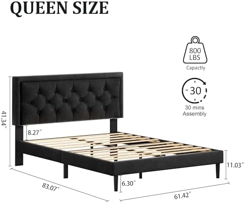 CXVX Queen Size Platform Bed Frame with Upholstered Velvet Button Tufted Headboard, Mattress Foundation with Wooden Slat Support, No Box Spring Needed, Easy Assembly, Noise Free, Black
