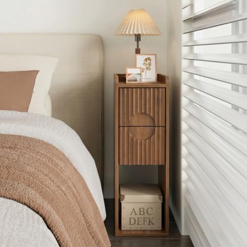 Narrow Fluted Nightstand Set of 2, Small 2 Drawer Walnut Nightstand, Wood Slim Bedside Table, Vintage End Table, Mid Century Modern Night Stand for Living Room, Bedroom, Wooden