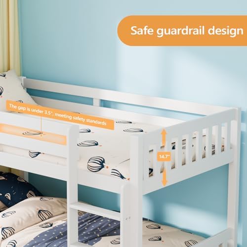 JOYMOR Solid Wood Low Twin Over Twin Bunk Bed for Kids/Junior, Bunk Bed Frame with Guardrails & Ladder for Boys Girls, No Box Spring Needed (White)