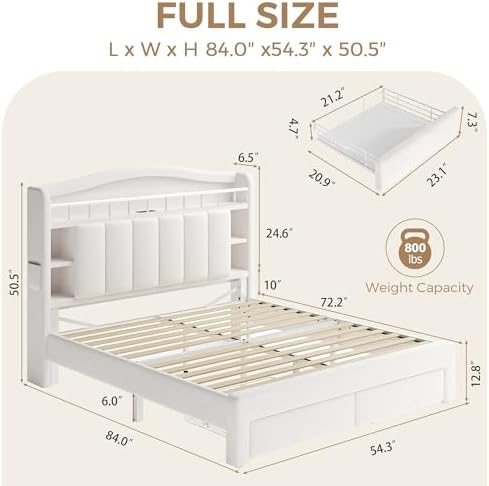 Kids LED Bed Frame with Storage Headboard & 2 Storage Drawers (Queen&Beige)