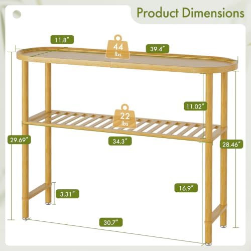 Narrow Console Table Bamboo 39.4", Modern Entryway Table for Hallway Oval Top, Sofa Console Table with Anti-Fall Edge, TV Stand for Living Room, Indoor Outdoor Plant Stand, 5min Easy Assembly