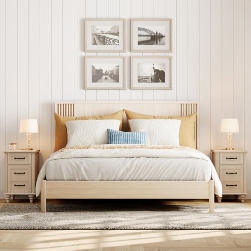 WAMPAT Set of 2 End Tables with Charging Station, Beige Tall Side Table with Storage Cabinet & Drawer, Wooden Nightstands with Power Outlets & USB Ports for Bedroom, Living Room