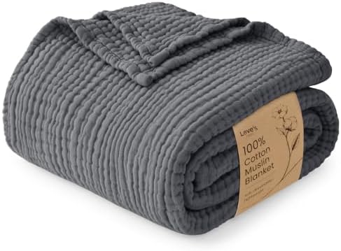 Love's cabin 100% Cotton Muslin Blanket Queen Size for Bed, Dark Grey