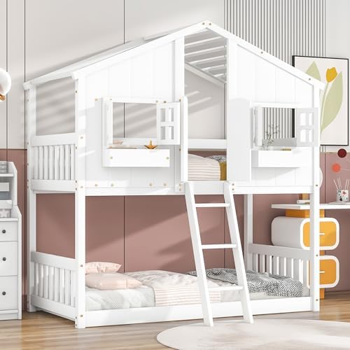 Twin Over Twin House Bunk Bed with Roof and Window, White